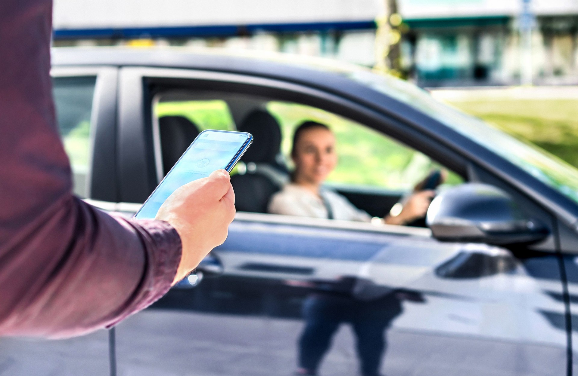 Ride share. Rideshare car app. Taxi cab driver mobile service in phone. Customer and passenger waiting in street. Online order and request from passenger. Private drive in city.